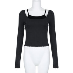 Contrast patchwork long sleeve round neck top