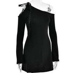 Self tie irregular one shoulder long sleeve solid mini dress