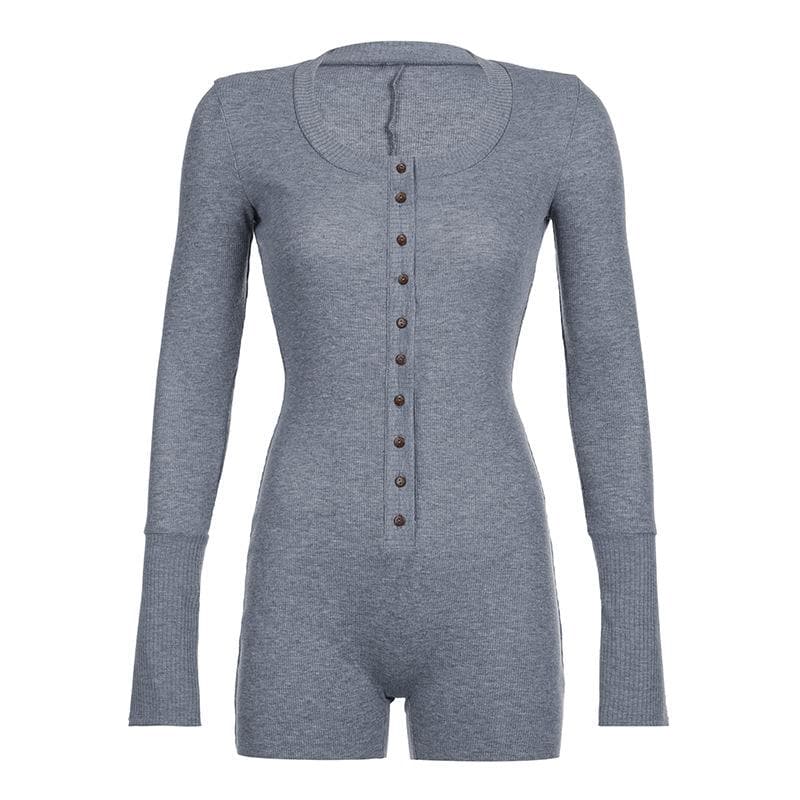 Button round neck long sleeve slit solid romper