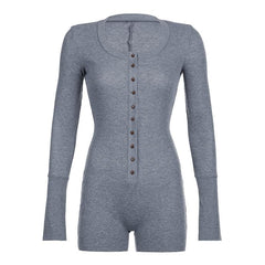 Button round neck long sleeve slit solid romper