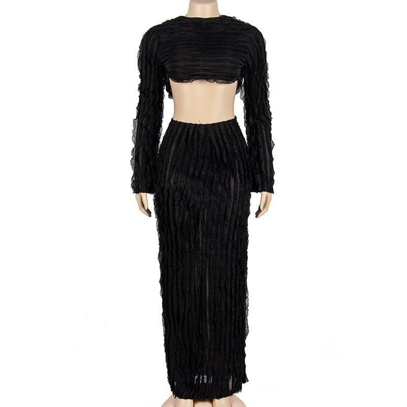 Textured self tie solid backless ruffle maxi skirt set