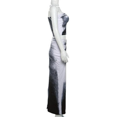 Contrast denim print slit backless tube maxi skirt set