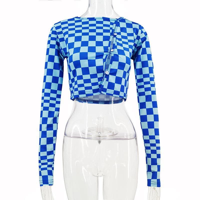 Plaid contrast button hollow out long sleeve crop cut out top