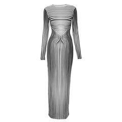 Striped long sleeve crewneck contrast maxi dress