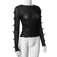 Bowknot textured see through long sleeve solid ruffle top