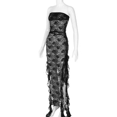 Slit ribbon lace see through solid tube maxi dress