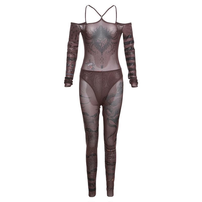 Abstract contrast sheer mesh see through off shoulder bodysuit pant set