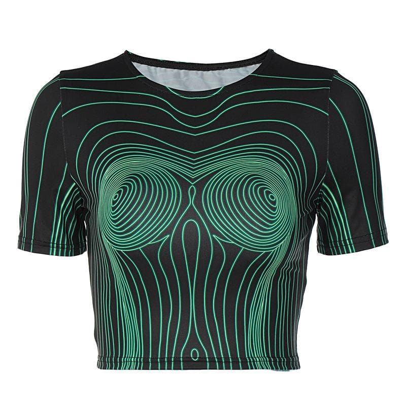 Short sleeve round neck contrast abstract print crop top