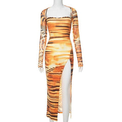 Tiger print long sleeve contrast slit shrug cami midi dress