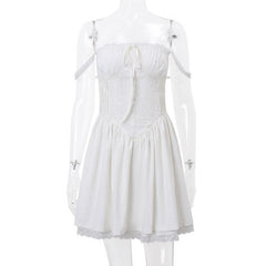 Lace hem lace up ruched backless square neck mini dress