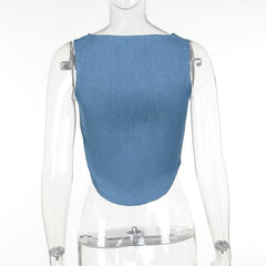 Hollow out button sleeveless corset low cut denim cut out top