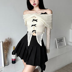 Off shoulder bowknot long sleeve contrast backless top