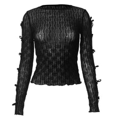 Bowknot textured see through long sleeve solid ruffle top