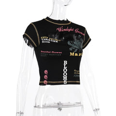 Contrast print short sleeve stitch hollow out crewneck crop cut out top