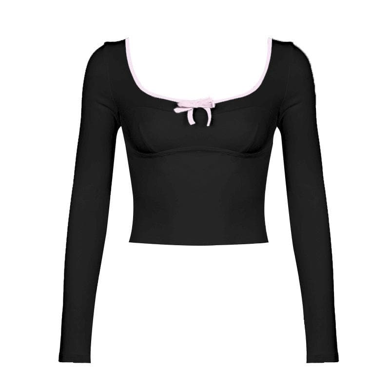 Square neck bowknot contrast long sleeve crop top