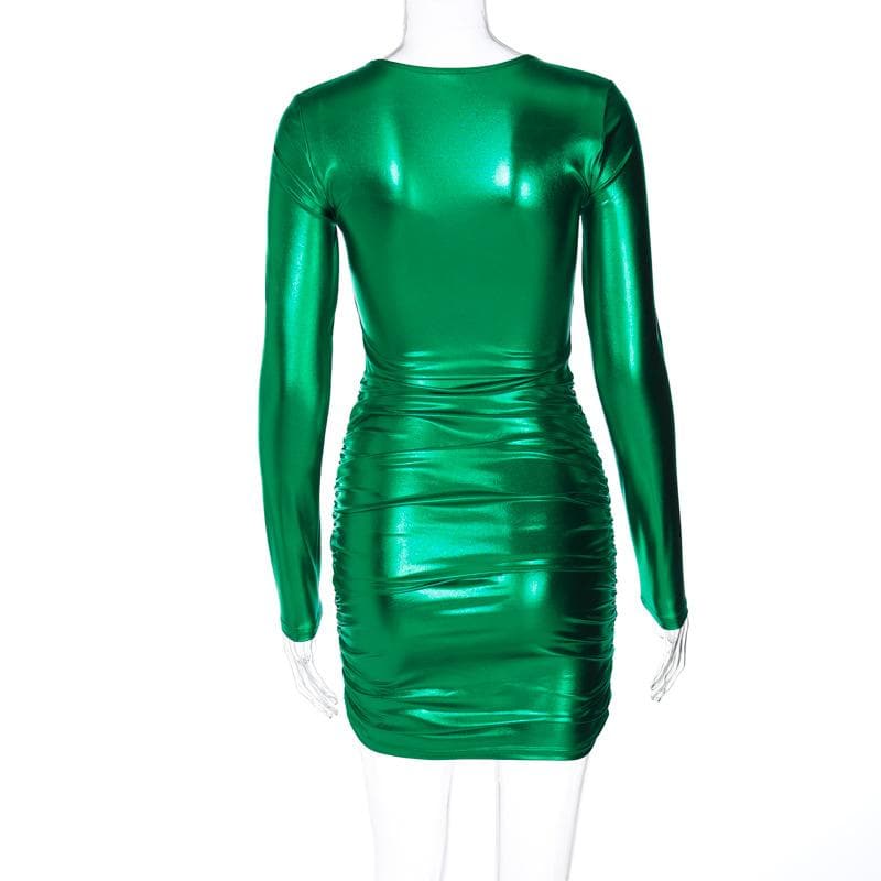 Metallic ruched long sleeve v neck mini dress