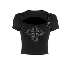 Short sleeve cross pattern beaded buckle hollow out crop top