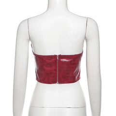 PU leather buckle backless zip-up crop tube top