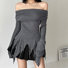 Off shoulder long sleeve irregular ruched solid top