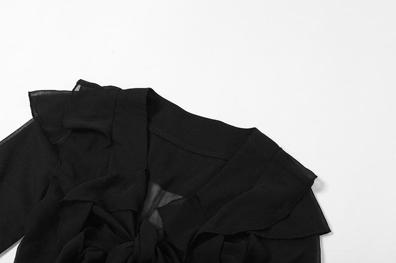 Solid long sleeve turnover collar bowknot self tie crop top