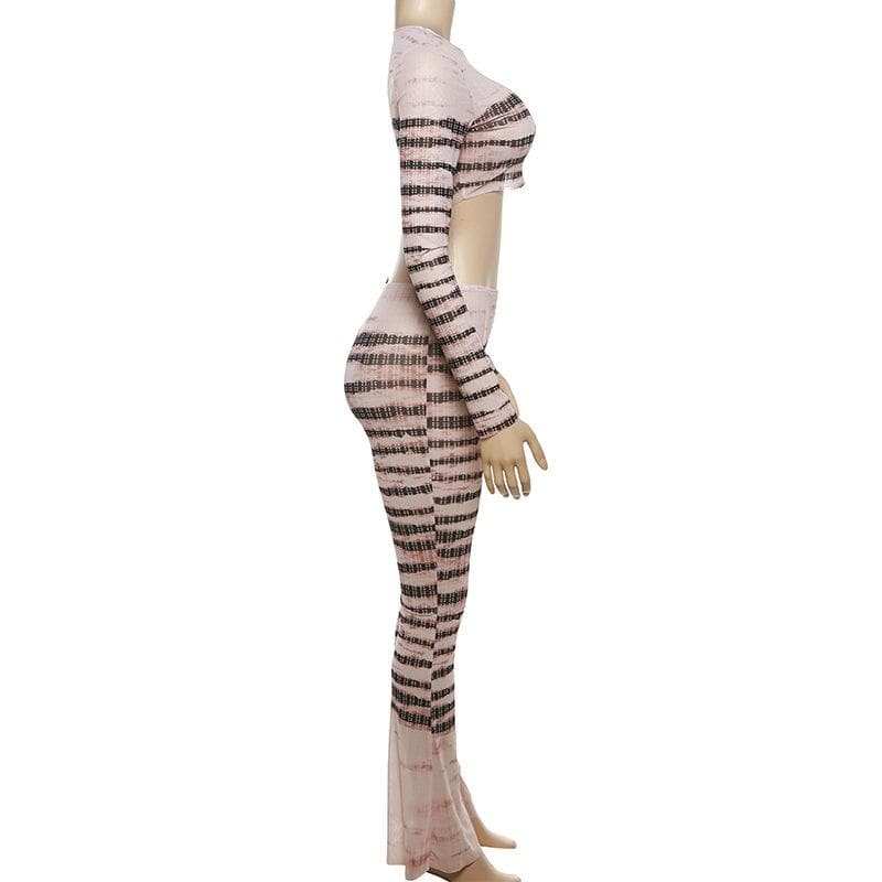 Sheer mesh striped see through long sleeve contrast pant set