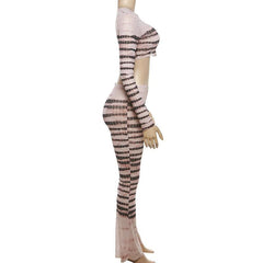 Sheer mesh striped see through long sleeve contrast pant set