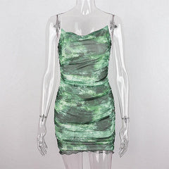 Sheer mesh tie dye print spaghetti strap cowl neck cami dress