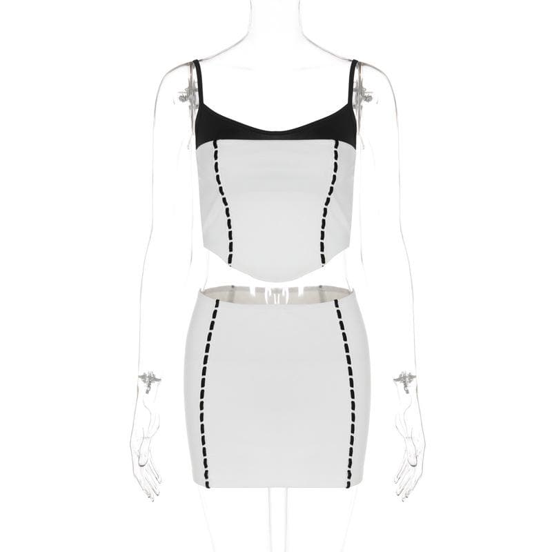 U neck contrast backless stitch mini skirt set