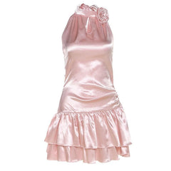 Satin zip-up halter backless ruched flower applique mini dress