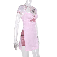 Short sleeve o ring high slit ruched hollow out cut out mini dress