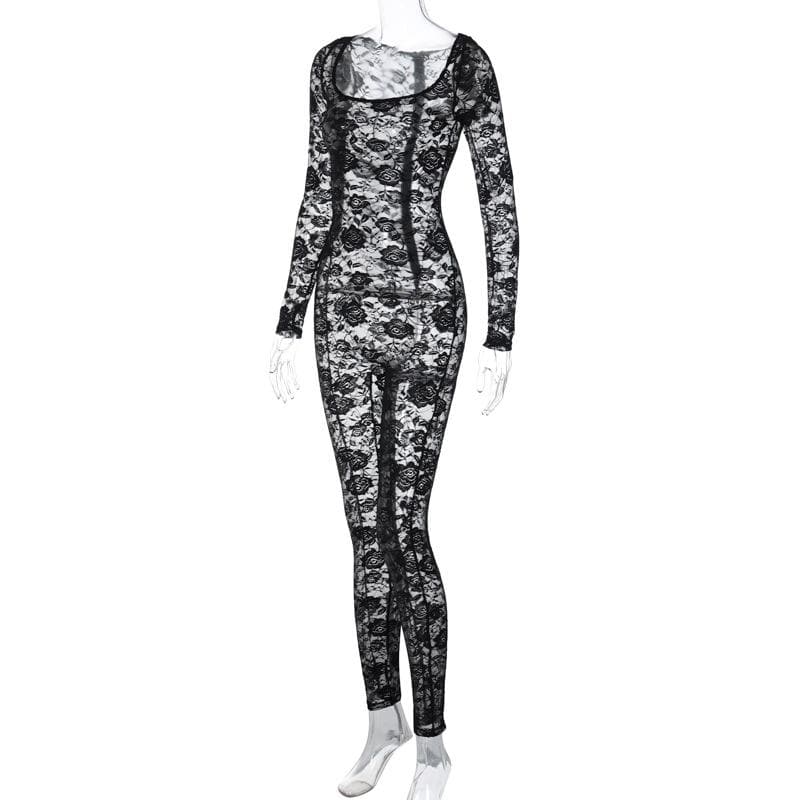 Lace solid zip-up long sleeve see through round neck jumpsuit