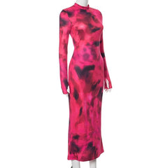 Tie dye gloves long sleeve contrast high neck midi dress