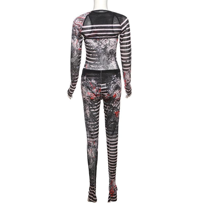 Striped long sleeve gloves contrast sheer mesh see through shrug bodysuit pant set