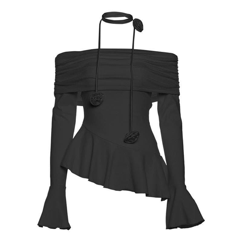 Off shoulder ruffle flower applique long flared sleeve ruched top
