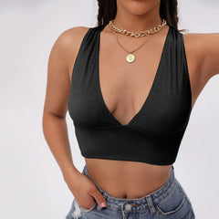 Cross back v neck solid ribbed crop top
