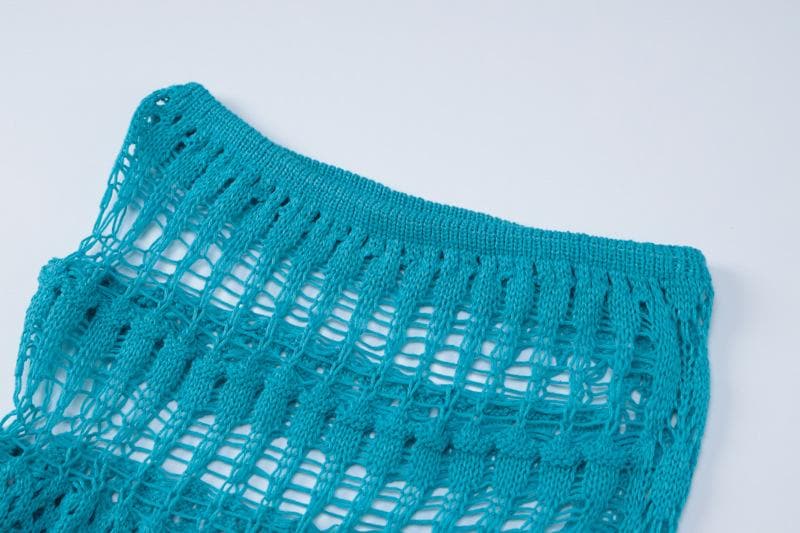Crochet cross front hollow out backless halter slit maxi skirt set