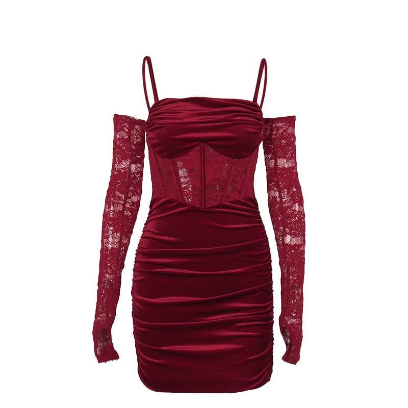 Cowl neck ruched gloves lace velvet zip-up cami mini dress