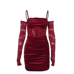 Cowl neck ruched gloves lace velvet zip-up cami mini dress