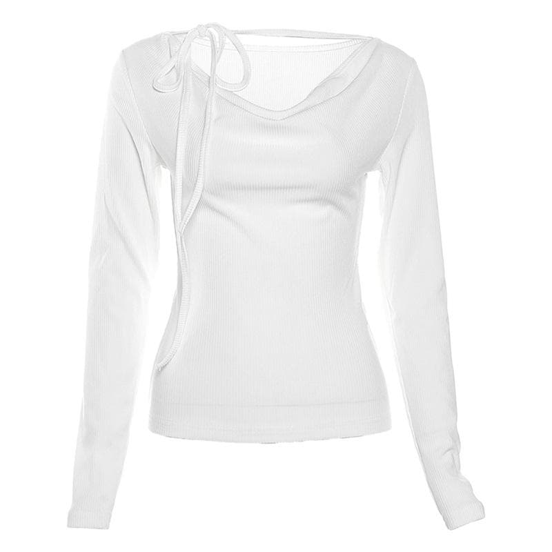 Ribbed cowl neck long sleeve solid self tie top