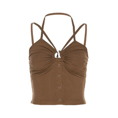 Cross front backless button ruched solid ribbed crop top