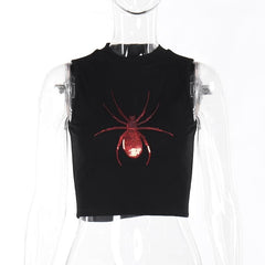 crewneck ribbed spider pattern glitter contrast crop top
