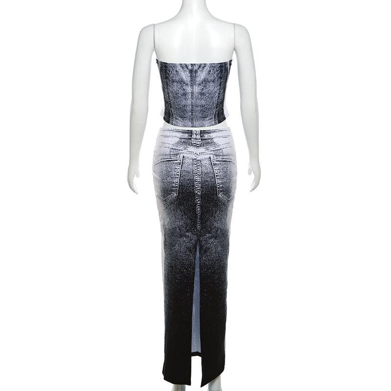 Contrast denim print slit backless tube maxi skirt set