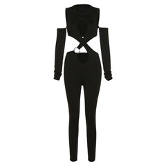 Cross front long sleeve hollow out off shoulder o ring solid jumpsuit