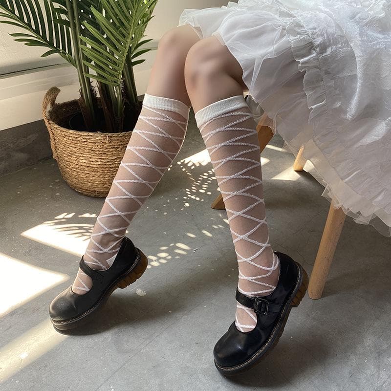 Solid cross front knee high socks