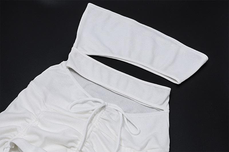 Solid irregular gloves off shoulder drawstring hollow out mini dress
