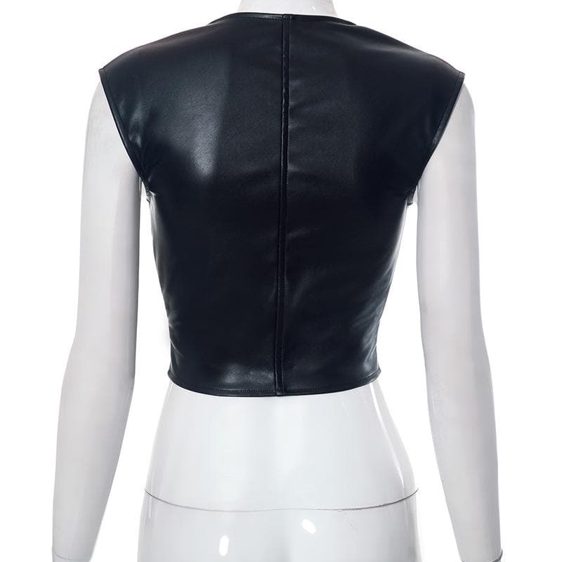 Solid PU leather cap sleeve button corset low cut top