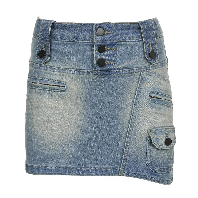 Irregular gradient button zip-up cargo pocket denim mini skirt