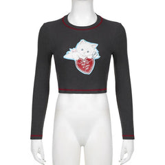 Cat pattern stitch contrast long sleeve crewneck top