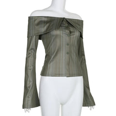 Striped off shoulder contrast long flared sleeve button top