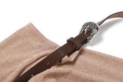 Buckle halter PU leather cowl neck off shoulder long sleeve top